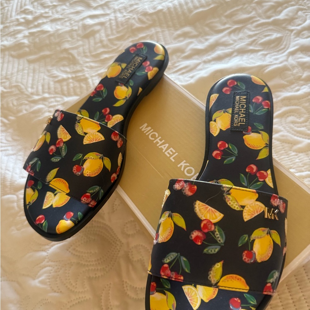 MICHAEL Michael Kors Black Sandals with Playful Fruit Design